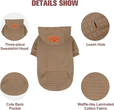 BEAUTYZOO Small Dog Hoodie Sweater with Pockets, Dog Clothes for Small Medium Dogs Boy Girl, Waffle-Like Laminated Cotton Pet Coats with Hat and Leash Hole, Khaki S