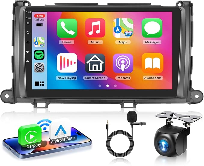 4 Core+64G Android 15 Car Stereo for Toyota Sienna 2011-2014 with Wireless Carplay Android Auto, 9 Inch Touch Screen Radio Support GPS/ 5G WiFi/Bluetooth/SWC+Backup Camera