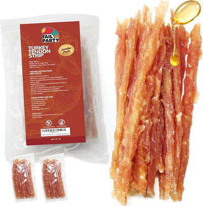 TailParty Turkey Tendons for Dogs with Fish Oil & Taurine (Strip, 1 lb), All Natural Dental Chews & Training Treats, Long Lasting Snack for Health-Conscious Pet Owners