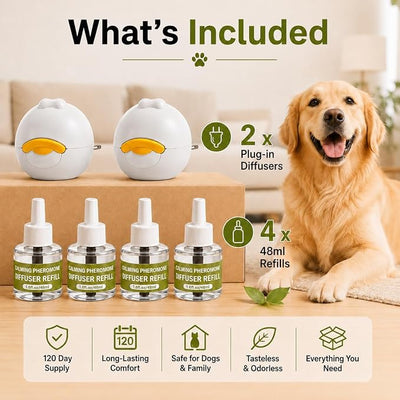Calming Diffuser for Dog 6 in 1 Kit Appeasing Dog Pheromone Diffuser Kit to Calm (2 Plug in+4 Pack 48ml Refill) for Anxiety Relief Reduce Fighting Barking Stress 120 Day Supply(Tasteless)