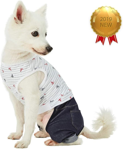Blueberry Pet Summer Vacation Beach Cotton 4 Legged Onesie Dog Shirt with Denim Colored Pants, Sea Lover Nautical Striped Jumpsuit, Back Length 12", for Small Medium Dogs