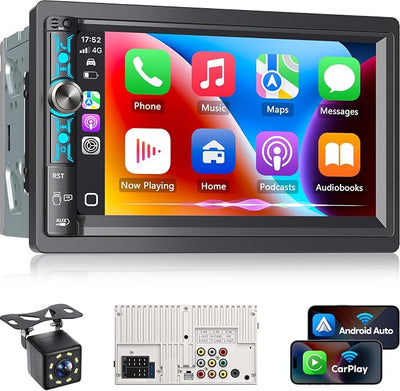 7" Double Din Car Stereo with Wireless Apple CarPlay & Android Auto, Bluetooth, 240W Output, SWC, Dual Subwoofer Support, Mirror Link, FM/AM Radio Receiver, USB-C/AUX/TF Ports,Backup Camera
