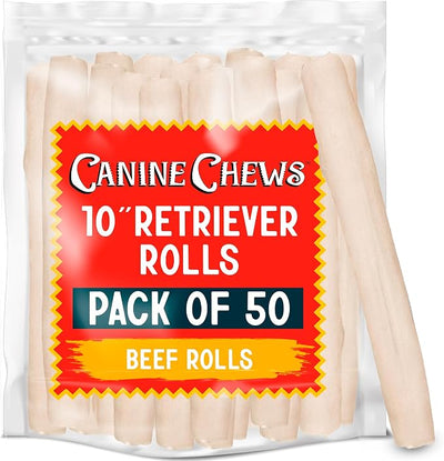 Canine Chews 10" Dog Rawhide Retriever Rolls - Rawhide Bones for Large Dogs (50 pk) - Natural Beef Dog Rawhide Chews - Single Ingredient Dog Rawhide Bones - Large Rawhide Bones for Dogs Dental Chew