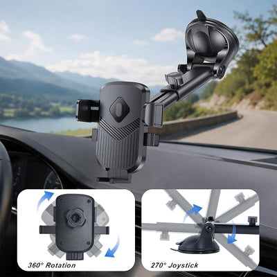 Car Phone Holder, 360° Rotation Strong Suction Vehicle Dashboard Windshield Air Vent Mobile Phone Mount, Auto Interior Dash Windshield Cellphone Stand, Universal Fit for SUV RV Truck, Black