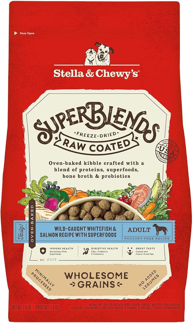 Stella & Chewy's SuperBlends Raw Coated Wholesome Grains Wild-Caught Whitefish & Salmon Recipe with Superfoods, 3.5 lb. Bag