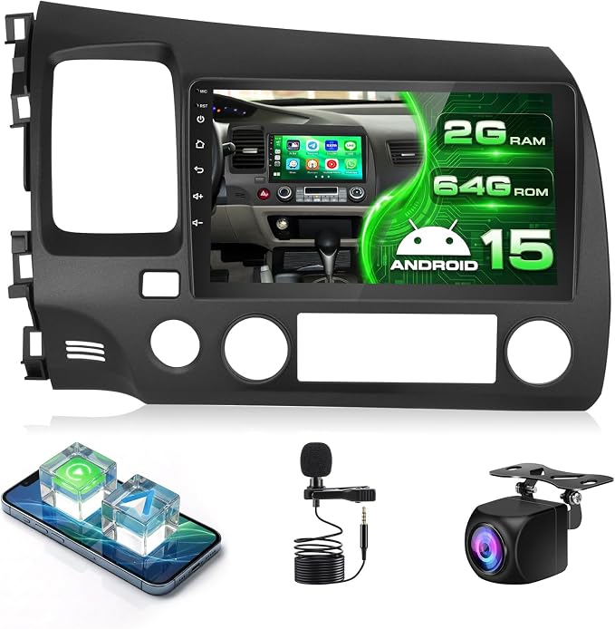 [DSP & EQ] 2+64G Car Radio for Honda Civic 2006-2011 Wireless Carplay Android Auto, 9 Inch Android 15 IPS Touch Screen Car Stereo Head Unit with Bluetooth, GPS Navigation, 5G WiFi, FM RDS, 26UI