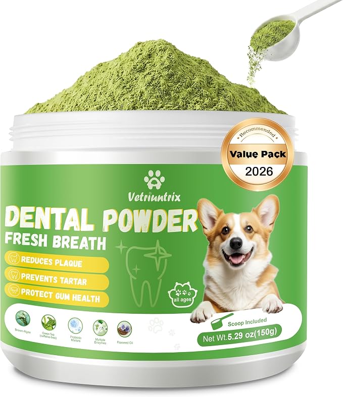 Dog Dental Powder, Dental Powder for Dogs Teeth Cleaning and Breath Fresh, Dog Dental Care with Natural Enzymes, Probiotics, Tartar Remover and Plaque Off - 150g