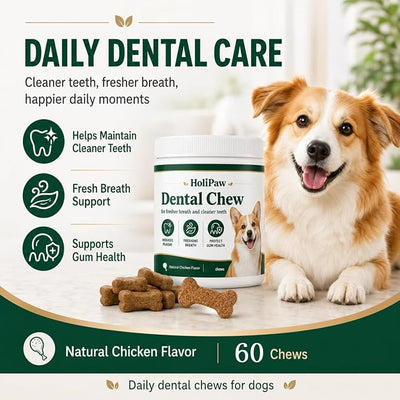 Holipaw Dental Chew for Cleaner Teeth & Fresher Breath, Dental Treats with Kelp Extract, Probiotics, Parsley & Peppermint, Supports Plaque Control and Gum Health, Natural Chicken Flavor, 60 Count