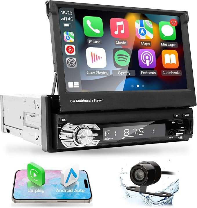 Single Din Carplay Android-Auto-Car-Radio 7-inch Flip Out Touchscreen | Type-C&USB Bluetooth Backup Camera FM/RDS MP5 Player 【Manual screen】
