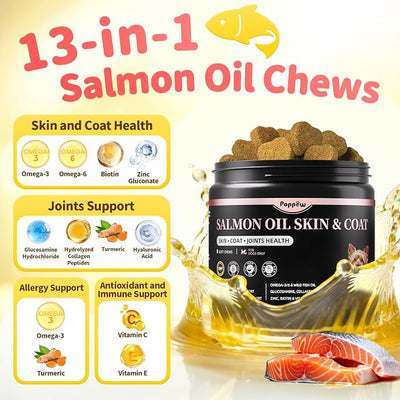Salmon Oil for Dogs Skin & Coat, 13 in 1 Wild Alaskan Fish Oil for Dogs - Omega 3 EPA & DHA & ALA Fatty Acids, Dog Allergy Relief Chews, Joint & Immune Support, 135 Count, Chicken Flavor, Soft Chews