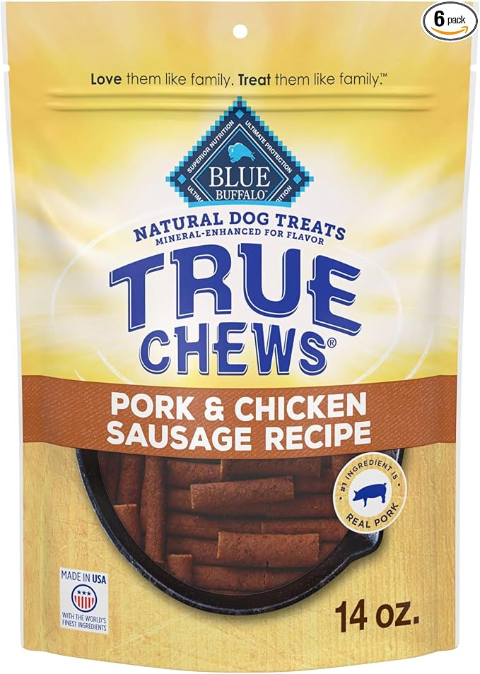Blue Buffalo True Chews Dog Treats, Made in the USA with Natural Ingredients, Pork and Chicken Sausage Recipe, 14-oz Bag, (Pack of 6)