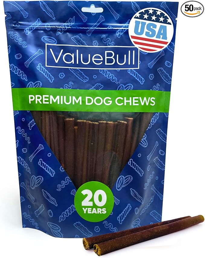 ValueBull USA Collagen Sticks for Small Dogs, 6 Inch Thin Chews, Natural Dog Treats, 50 Count - Promotes Joint, Skin & Coat Health with Glucosamine and Chondroitin