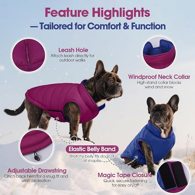 QBLEEV Reversible Dog Coat for Medium Dogs, Waterproof Windproof Winter Jacket Keeps Dogs Warm in Snow, Adjustable Hook & Loop Lightweight Dog Puffer Vest, Purple, L – Fits French Bulldog