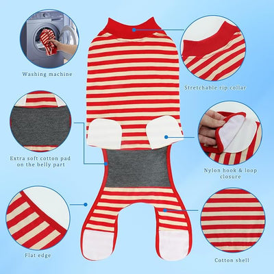 2 Packs Breathable Cotton Dog Recovery Suit for After Neuter Spay Abdominal Wounds Protector, Professional Anti-Licking Onesies for Male Female Pets Surgery Bandages, M Red & Blue Stripes