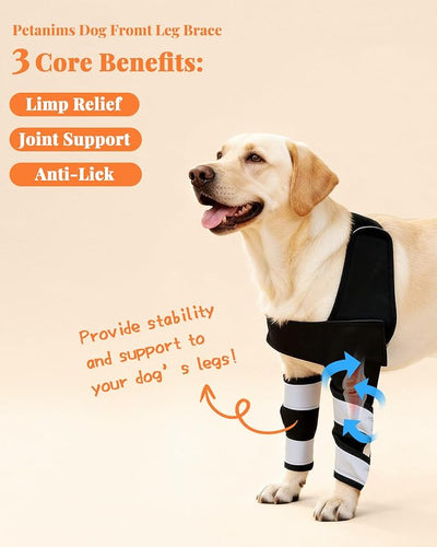 Petanims Dog Front Leg Brace - Knee/Carpal/Wrist Support for Dogs, Adjustable Dog Elbow Brace with Shoulder Support, Reflective Dog Elbow Protector for Pain Relief & Better Recovery, Medium