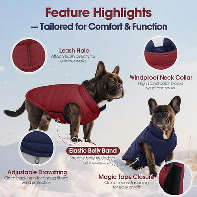 QBLEEV Reversible Dog Jacket for Large Dogs, Waterproof Windproof Winter Coat with Adjustable Hook & Loop Design, Lightweight Puffer Vest Keeps Dogs Warm & Dry, Wine Red, XL – Fits Pitbull, Boxer