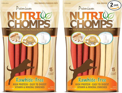 NutriChomps Dog Chews, 5 inch Twists, Real Chicken, Peanut Butter and Milk Flavors, 15 Count, Easy to Digest, Rawhide Free Dog Treats, Long Lasting, Vitamin and Mineral Enriched