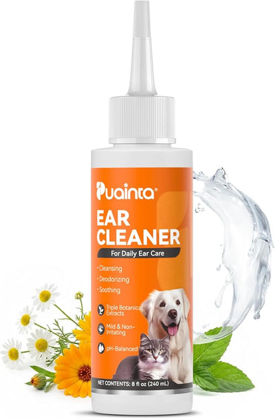 PUAINTA Dog Ear Cleaner Solution - Alcohol-Free Ear Wash with Quantum Silver & Witch Hazel - Soothes Itch, Removes Wax & Odor - Gentle Daily Flush for Dogs & Cats (8 oz)