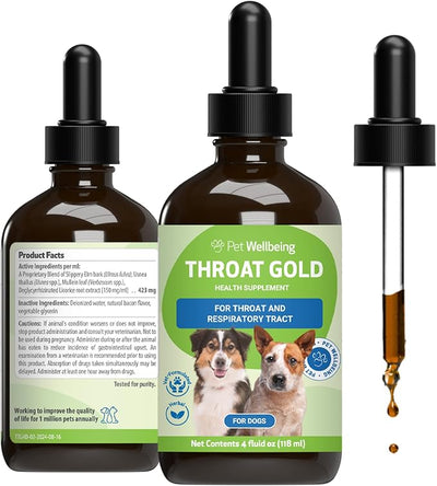 Pet Wellbeing Throat Gold for Dogs - Supports Collapsed Trachea & Throat Discomfort with Mullein & Slippery Elm for Kennel Cough - NASC Certified & Vet-Formulated 4 oz Liquid Formula