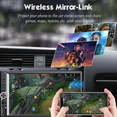 7 Inch Car Stereo with Wireless Apple CarPlay & Android Auto, Wireless AirPlay Mirror Link, Double Din Radio with 1024*600 IPS Toucscreen, AM/FM RDS, Bluetooth, Type-C/USB/TF/AUX, 12-LED Backup Camera