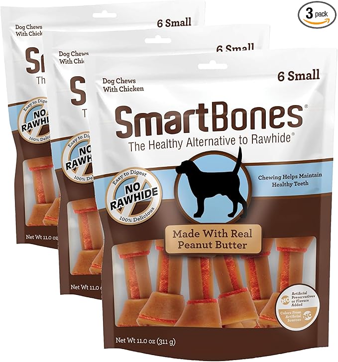 SmartBones Small Bones Chicken & Peanut Butter No-Rawhide Dog Chews, 11 oz., Count of 6 (Pack of 3)