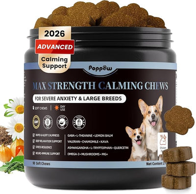 Calming Chews for Dogs - Advanced Calming Treats for Dogs Anxiety, Stress, Separation, & Thunder, Relaxation with Ashwagandha & L-Theanine, Non-Drowsy Alternative to Melatonin, Chicken Flavor, 90Ct