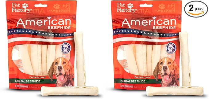 Pet Factory American Beefhide 5" Chip Rolls Dog Chew Treats - Natural Flavor, 8 Count/2 Pack