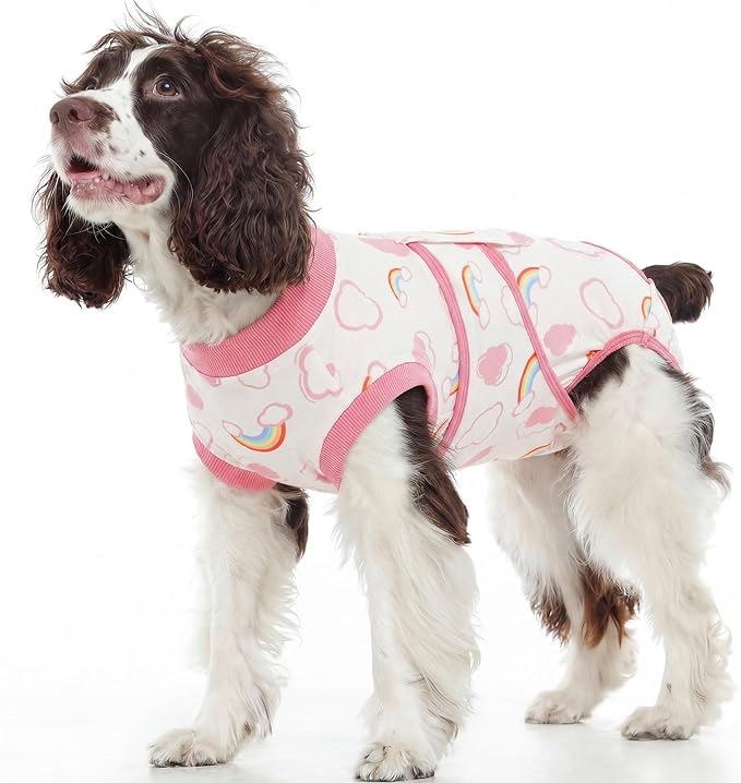 Kuoser Dog Surgery Recovery Suit, Soft Breathable Dog Recovery Suit for Female Spay Male Nueuter, Anti Licking Puppy Onesie Pet Surgical Suit for Dogs Abdominal Wounds Skin Disease, Rainbow M