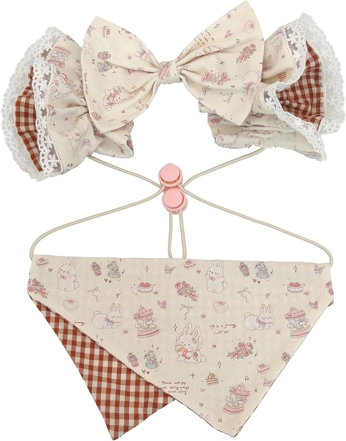 Soft Cotton Dog Headband for Cocker Spaniel, Cavalier, Springer - Adjustable Bow Pet Hair Accessory (Dow Bow Beige Thickened)