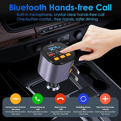 Retractable Car Charger,5 in 1 Fast Cars Phone Charger 90W,Bluetooth 5.3 FM Transmitter Adapter,Handsfree Call,2 Retractable Cables and USB Chargers for iPhone17/ 16/15/14/13/Samsung