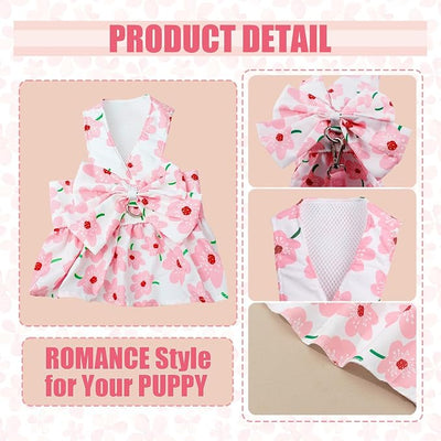 Dog Dress Bowknot Harness Leash Set for Small Girl Dogs Pink Floral Dog Cat Clothes Cute Puppy Outfits Pet Clothes Spring Summer Breathable Dresses(Large)