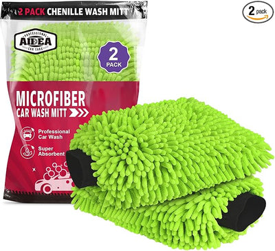 AIDEA Car Wash Mitt Microfiber, 2PK Scratch Free Lint-Free, Premium Chenille Microfiber Mitt Car Wash Brush, Green, Regular Size 7.12''X10.14''