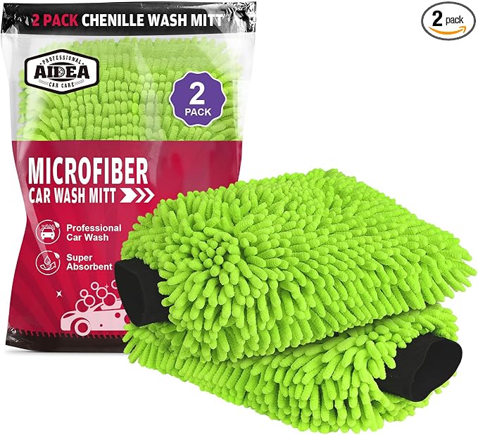 AIDEA Car Wash Mitt Microfiber, 2PK, Car Wash Brush, Green, 8''X12'' | Scratch Free Lint Free, Premium Chenille Microfiber Wash Mitt, Cleaning Supplies, Extra Large Size