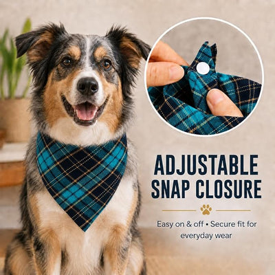 Green Plaid Dog Bandana with Button, Dual Layer Scarf Soft Cotton Triangle Girls and Boys Kerchief Adjustable Winter Holiday Accessories for Small Medium Dog Puppy Pet Cat(Medium)