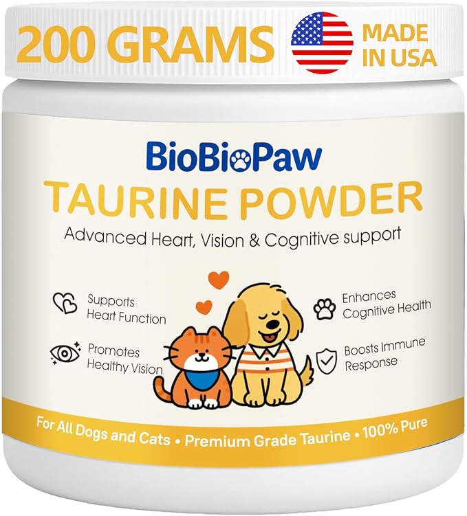 Pure Taurine for Dogs & Cats Taurine Powder Supplement for Pet Puppy Kitty 500mg Unflavored Easy-to-Mix Taurine Supplement for Doggy Supports Immune Heart Vision Skin Vitality Made in USA 200 Grams
