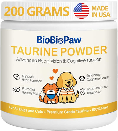 Pure Taurine for Dogs & Cats Taurine Powder Supplement for Pet Puppy Kitty 500mg Unflavored Easy-to-Mix Taurine Supplement for Doggy Supports Immune Heart Vision Skin Vitality Made in USA 200 Grams