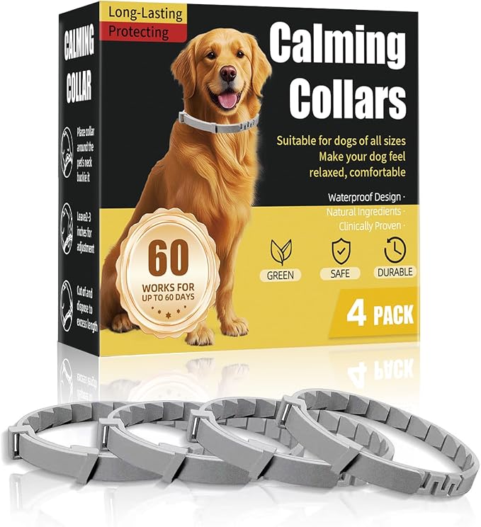 Calming Collar for Dogs 4 Packs, Effectively Relieves Anxiety from Noise, Separation, New Environment, Fireworks, Adjustable 25” Flexible, Lasts 60 Days, Grey, Suitable for All Dog Sizes & Ages