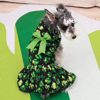 CuteBone Turtleneck Dog Velvet Dress St. Patrick's Day Four Leaf Clover Puppy Skirt Costume Pet Clothes Cat Apparel with Bow Hair Rope for Small Dogs CVD20S