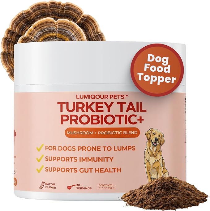 Turkey Tail Mushroom for Dogs – Turkey Tail Mushroom Powder with Probiotics for Immune and Digestive Support, Supports Lumps and Bumps, Bacon Flavored Daily Dog Supplement