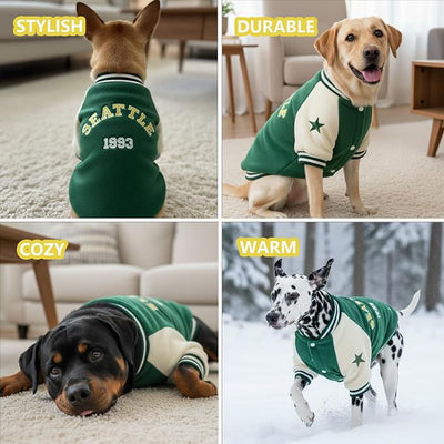 Dog Fleece Varsity Jacket for Medium Large Pets, Winter Pet Coat for Holidays, Stylish Boy & Girl Doggy Sweatshirts, Green Sport Coats for Pug Dogs, Baseball Uniform Jackets for Puppies, L