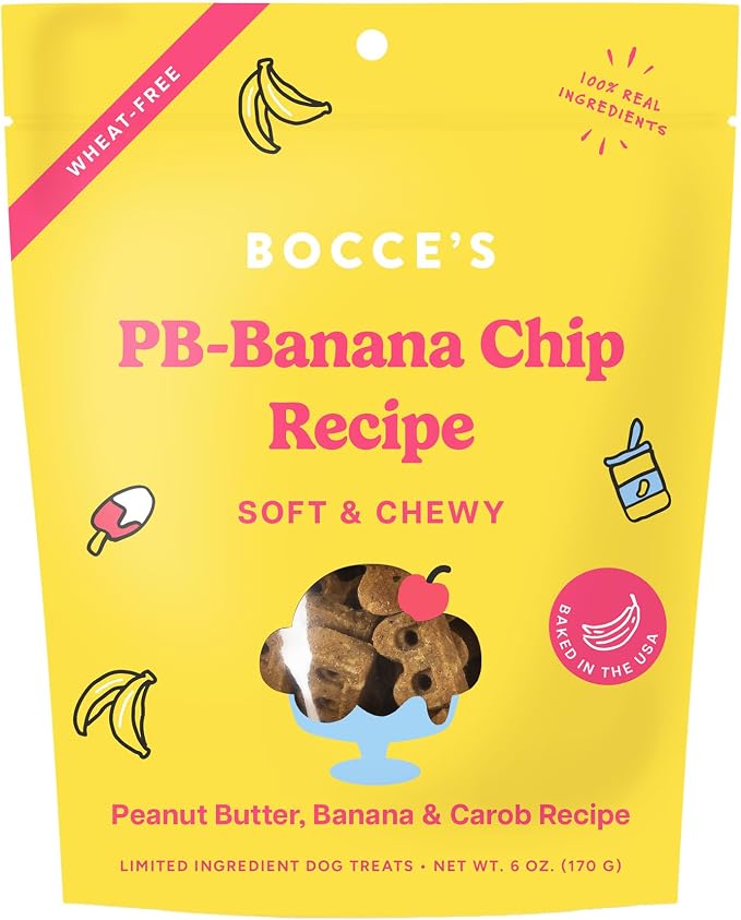 Bocce's Bakery PB Banana Chip Recipe Treats for Dogs, Wheat-Free Everyday Dog Treats, Real Ingredients, Baked in The USA, Natural Soft & Chewy Cookies, Peanut Butter, Bananas, & Carob, 6 oz