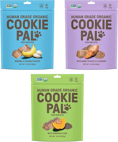 CookiePal Organic Dog Treats (Variety Pack), Crunchy Human Grade USDA Organic Puppy Treats for Training, Biscuits, 10oz (Pk of 3)