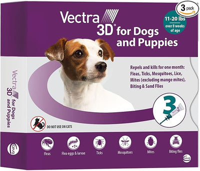 Vectra 3D Flea and Tick Prevention for Dogs, Kills and Repels Fleas, Ticks & Mosquitoes | Fast‑Acting, Waterproof, No Prescription Needed | Small Dogs 11-20 lbs, 3‑Month Supply