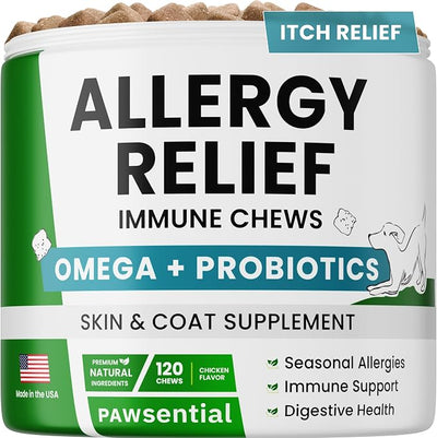 Allergy Relief Dog Chews - Itchy Skin Relief w/Probiotics + Omega 3 + Colostrum - Seasonal Allergies - Anti-Itch Treats - Skin&Coat + Immune Supplement - Made in USA - Chicken Flavor -120Ct
