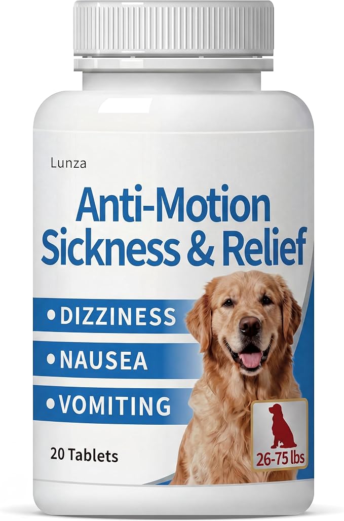 Lunza Motion Sickness for Dogs (26-75 lbs), Dog Car Sickness Medicine for Nausea, Vomiting, Drooling, Whining and More, Non-Drowsy, 20 Tablets