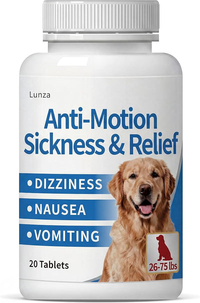 Lunza Motion Sickness for Dogs (26-75 lbs), Dog Car Sickness Medicine for Nausea, Vomiting, Drooling, Whining and More, Non-Drowsy, 20 Tablets