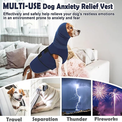 KOESON Dog Anxiety Vest with Ear Wraps, Large Dog Thunder Jacket with Double Compression, Breathable & Reflective Dog Calming Hoodie for Thunder, Fireworks, Travel, Separation, Navy Blue XXL