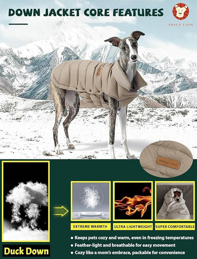 SPACE LION Dog Puffer Jacket, Down Winter Coat, Durable Outdoor Coat for Cold and Windy Conditions, Lightweight & Adjustable Fit Coats for Small Dogs, (Camel, Size 8 Gift Box)