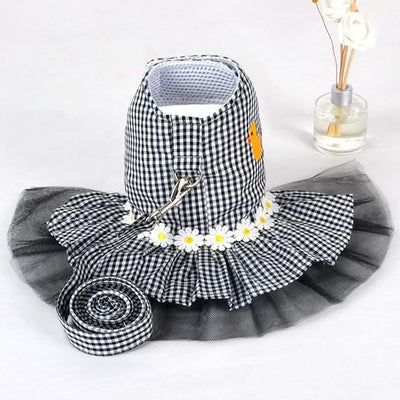 Small Dog Dress with Leash Set Adjustable Dog Harness Dress with D Ring Breathable Walk Doggie Outfits for Puppy Girl and Cat (L,Black)