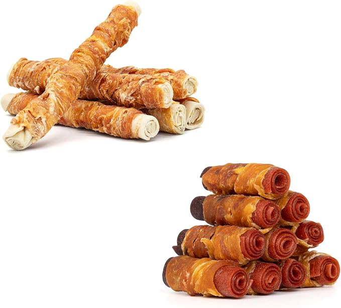 MON2SUN 9 Inch Dog Rawhide Rolls 6 Count for Large Dogs & 3 Inch Triple Flavor Chicken Wrapped Duck and Beef Rolls 10 Count for Small Dogs
